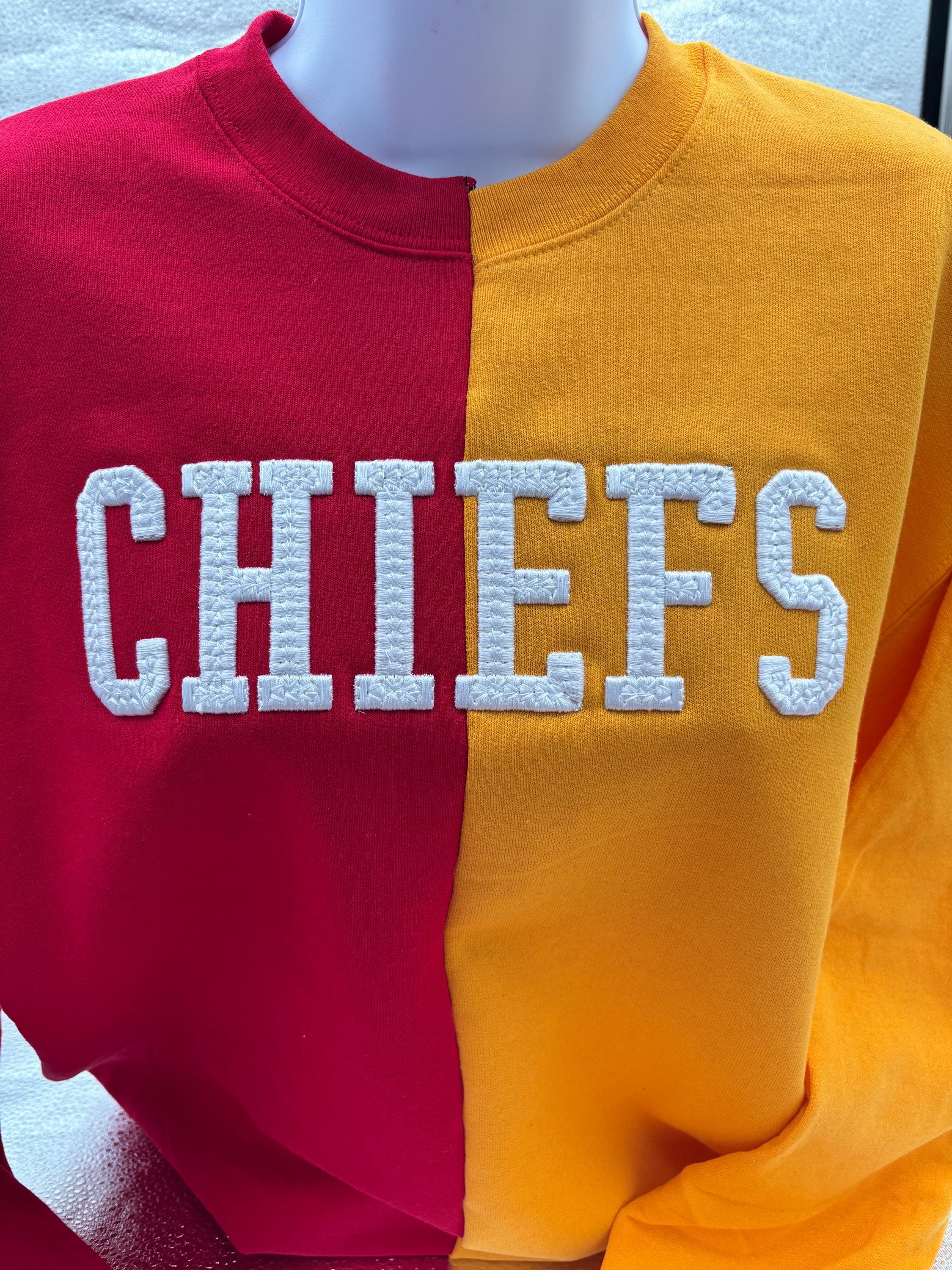 Chiefs Football Embroidered 3D Puff Split Color Crewneck Sweatshirt