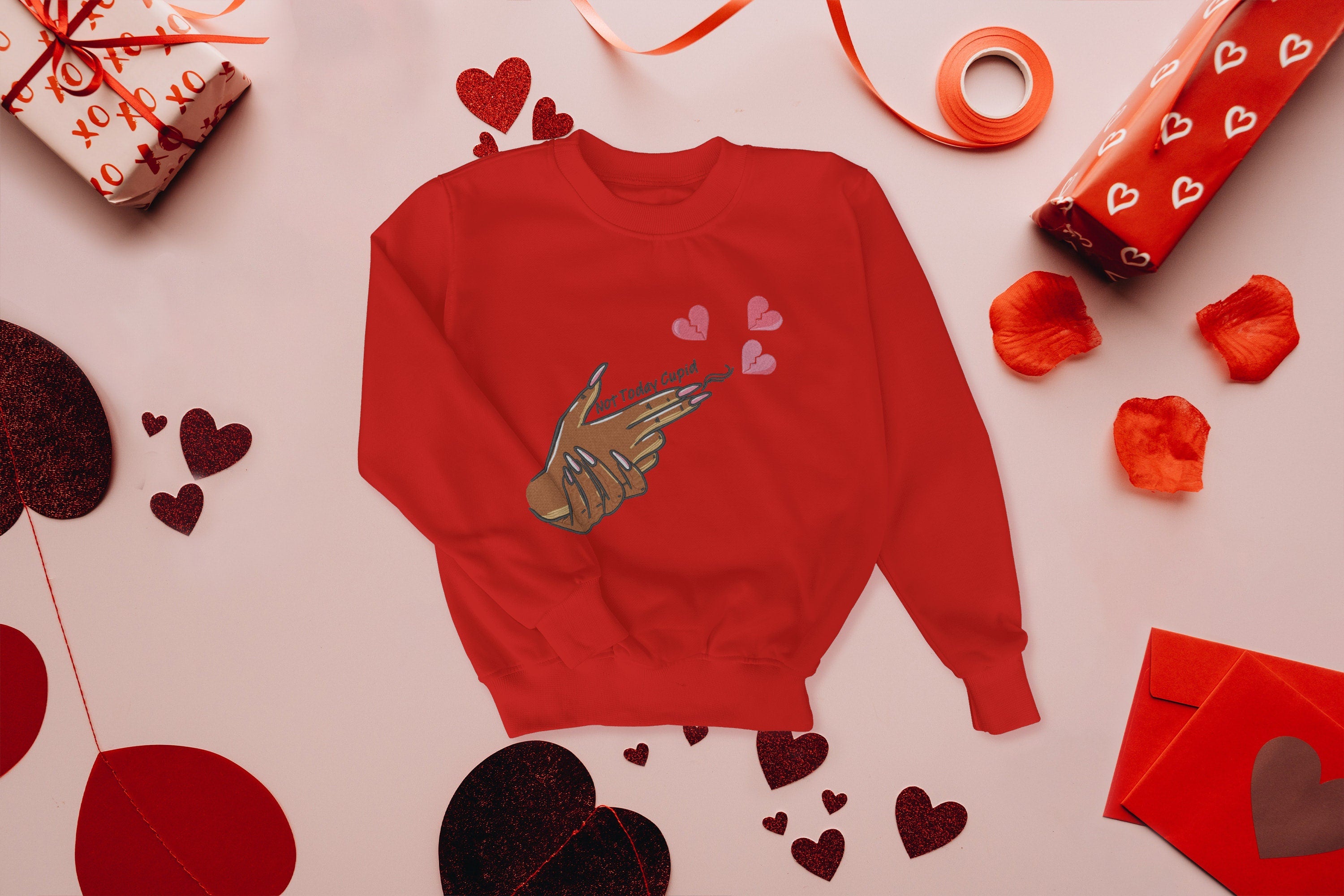 Embroidered Not Today Cupid Anti-Valentine’s Day Crewneck Sweatshirt