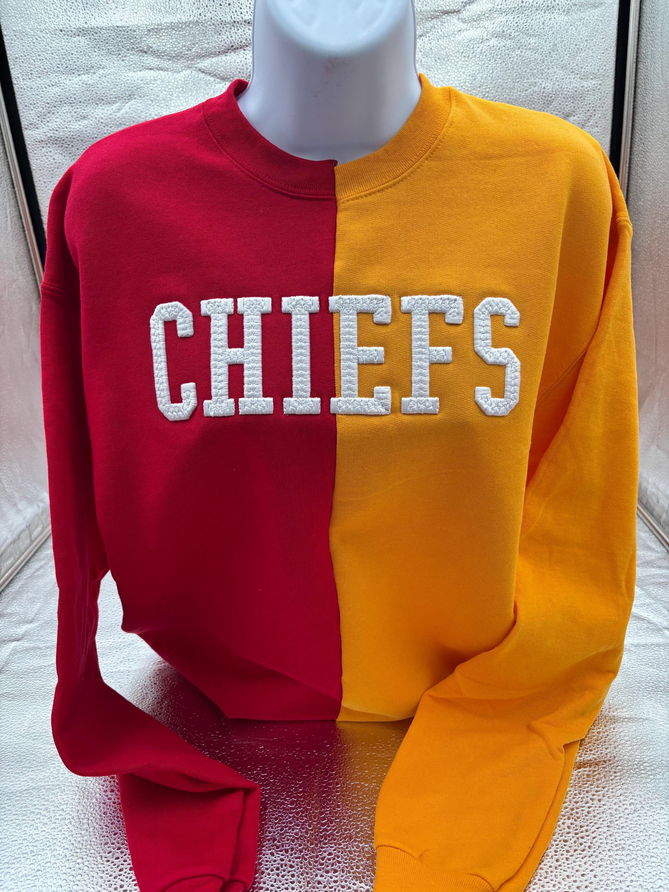 Chiefs Football Embroidered 3D Puff Split Color Crewneck Sweatshirt