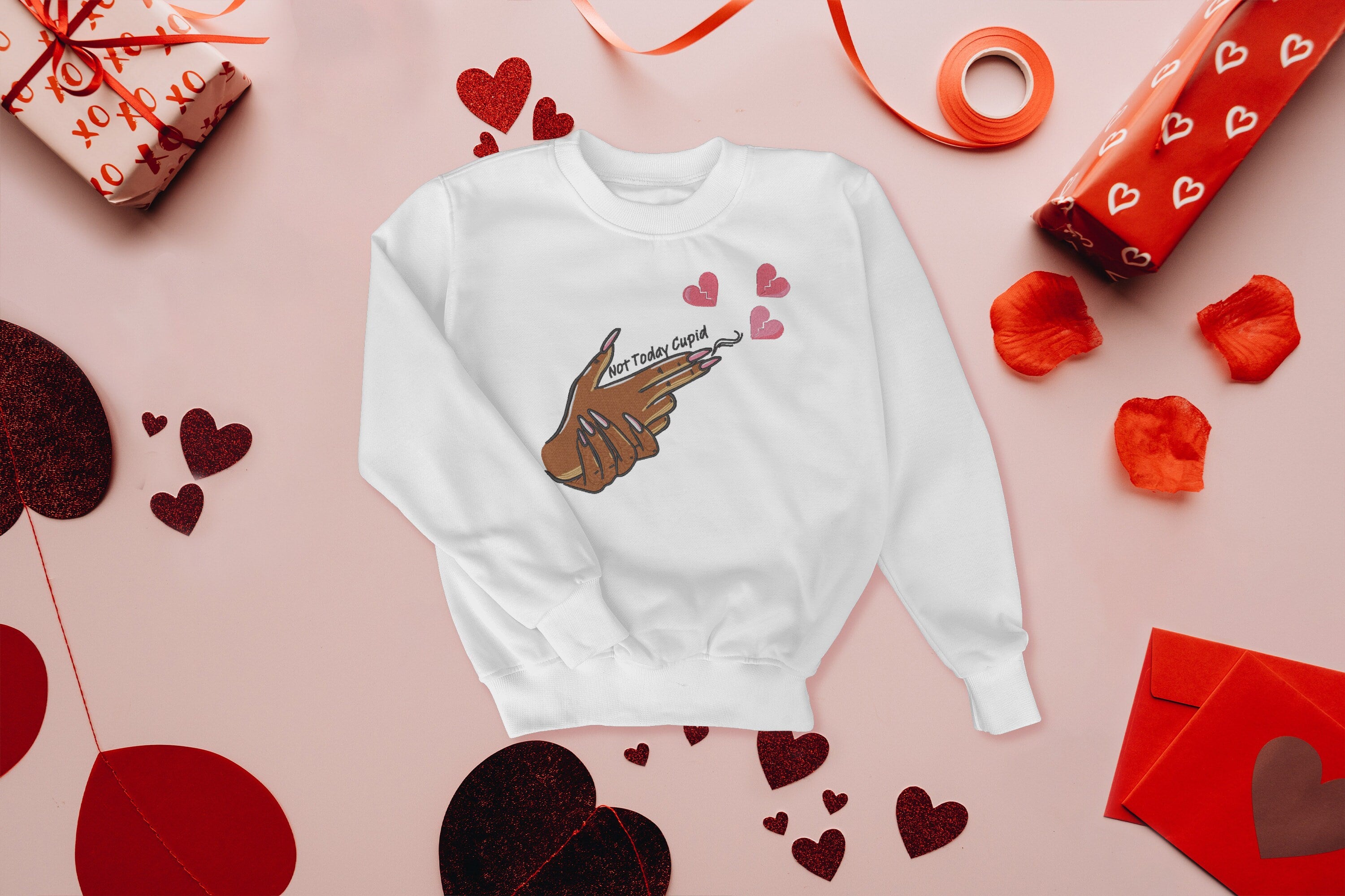 Embroidered Not Today Cupid Anti-Valentine’s Day Crewneck Sweatshirt