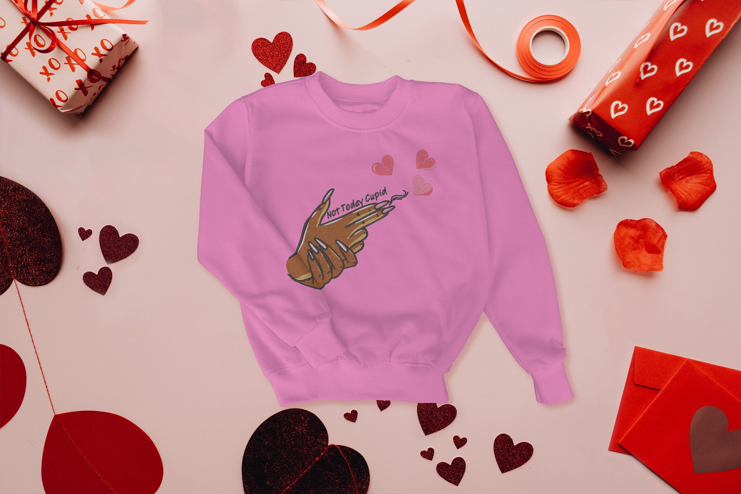 Embroidered Not Today Cupid Anti-Valentine’s Day Crewneck Sweatshirt